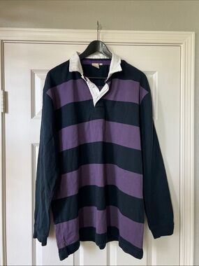 Men's Black & Purple Striped Rugby Shirt with White Collar